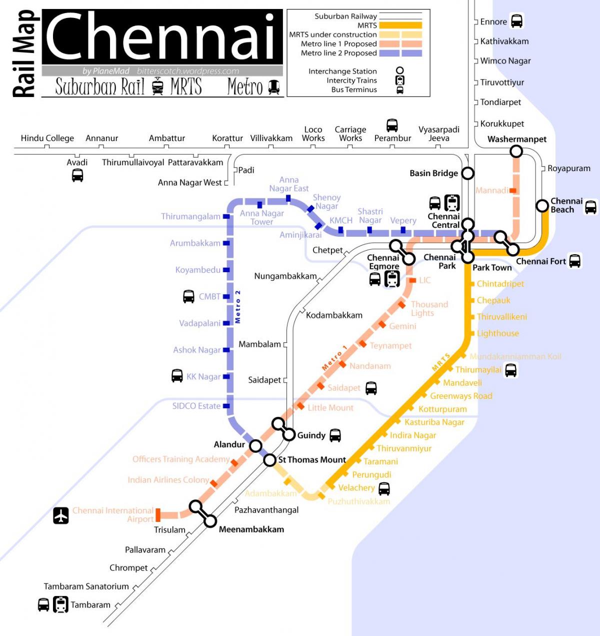 metro ferroviario Chennai mapa da ruta
