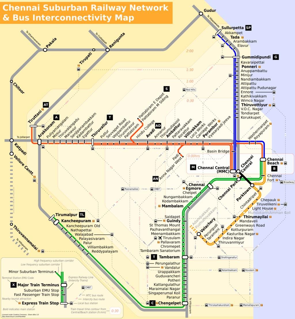 Chennai mapa da cidade con rutas de autobuses