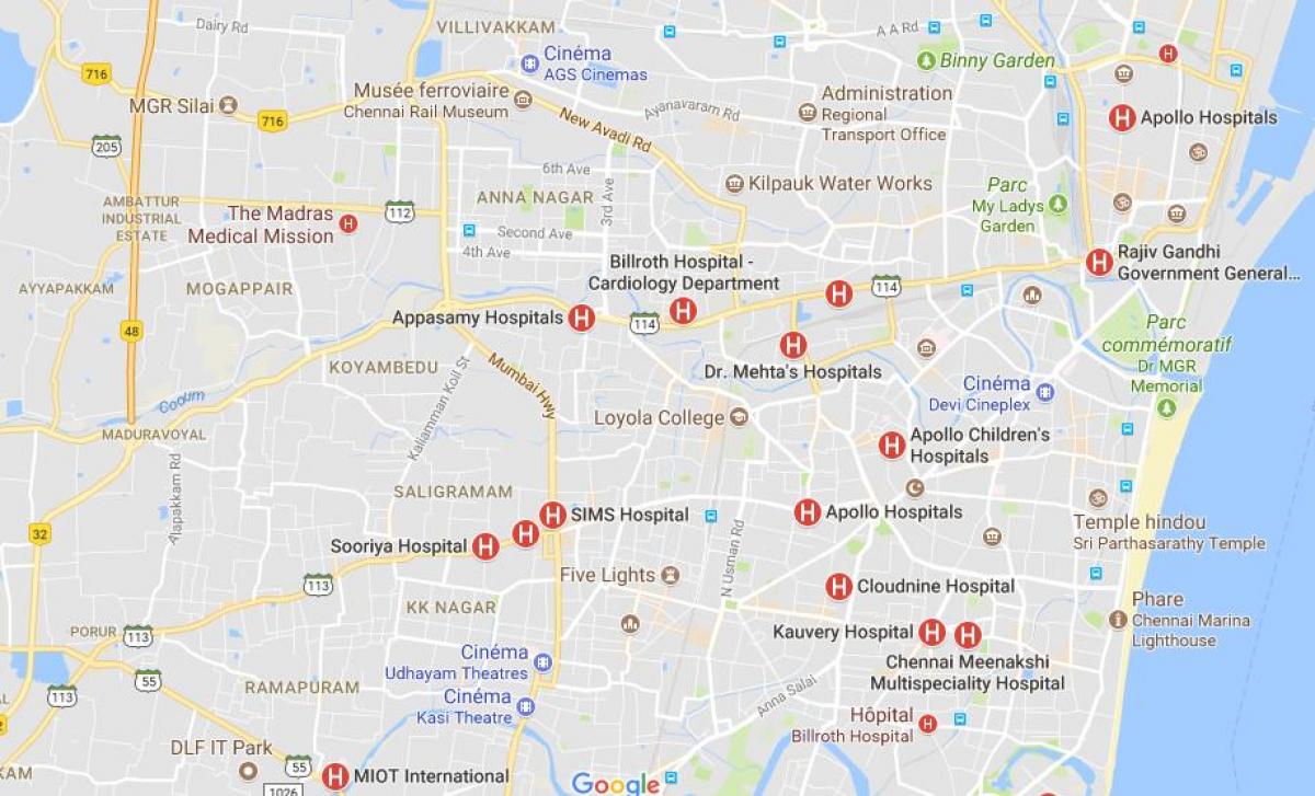 mapa de Chennai Hospitais 